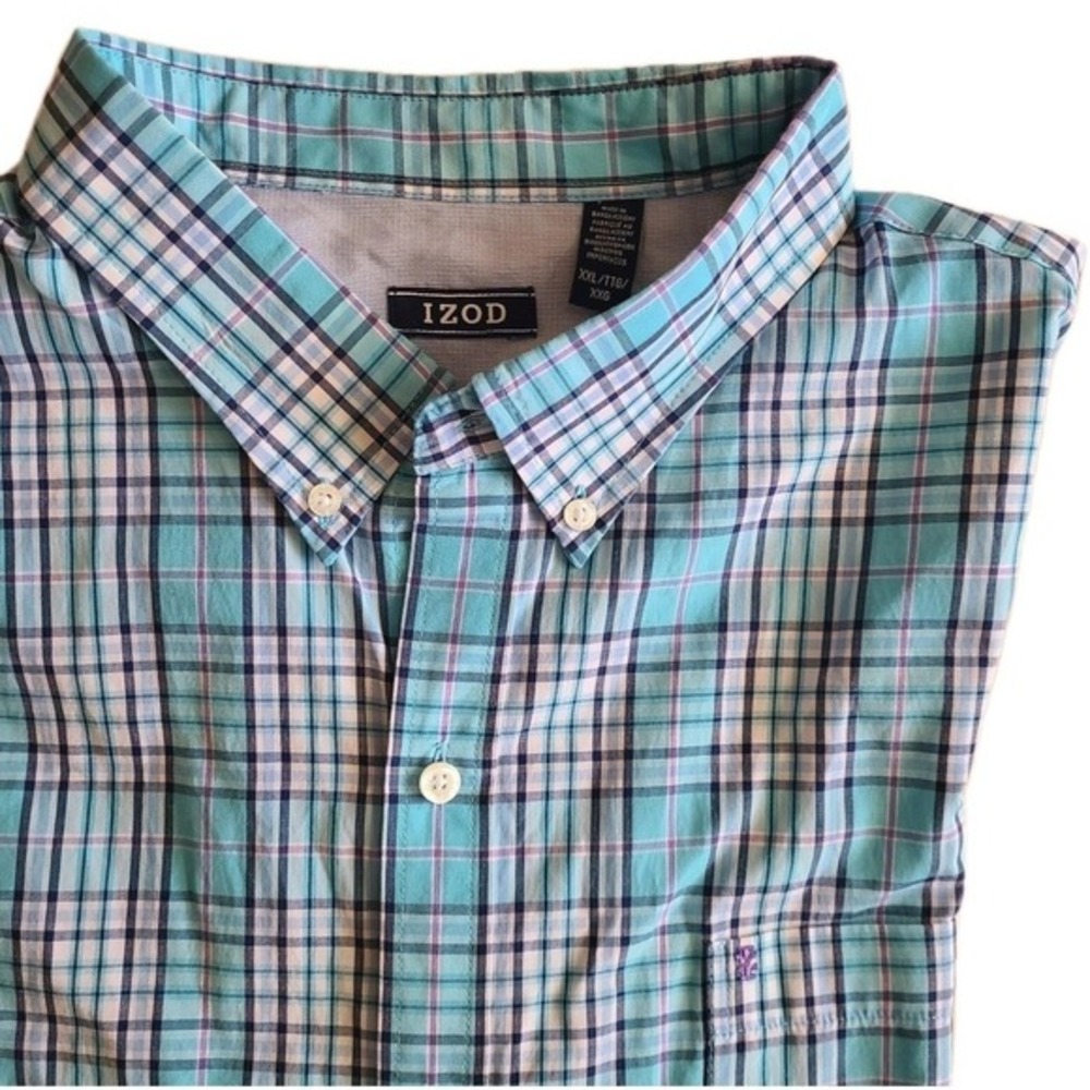 Dockers Men's Shirt Button Down Short Sleeve Teal White Turquoise Plaid mens XL